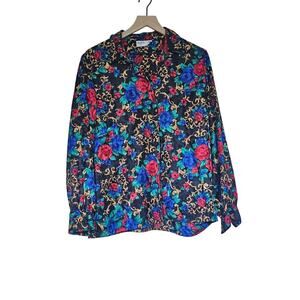 Tan Jay Women's Blouse Size 16 XL Floral Multicolored Long sleeve button down
